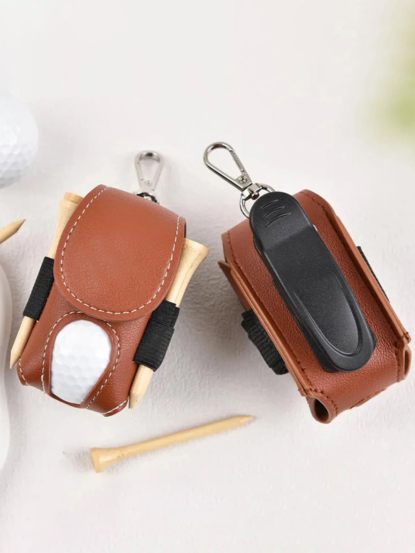 ゴルフ用品 ティー収納付き本革ボールホルダー